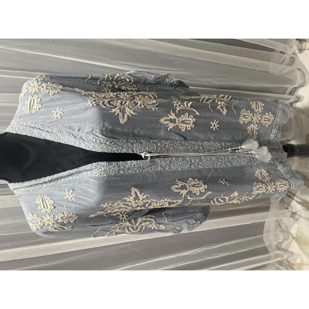 Johnny Was Embroidered Light Blue Kimono Cardigan with Tassel Tie